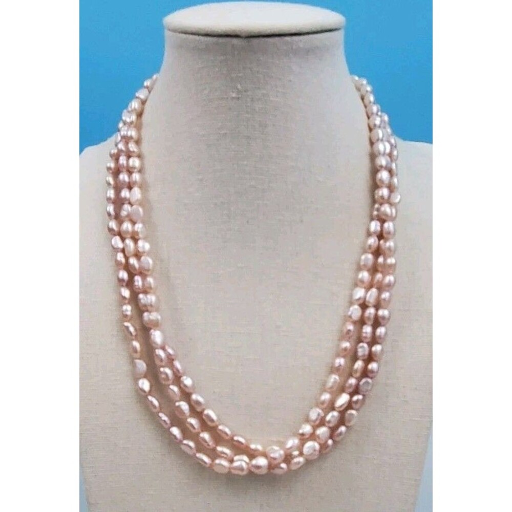Vintage Triple Strand Pink Biwa Rice Pearl Layered Statement Necklace Retro